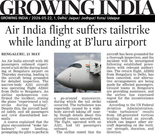 Air India flight suffers tailstrike while landing at B’luru airport