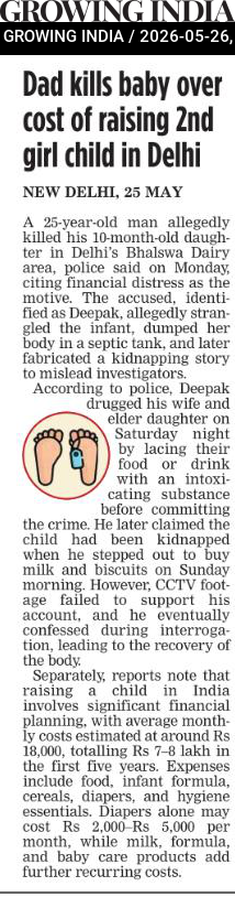 Dad kills baby over cost of raising 2nd girl child in Delhi